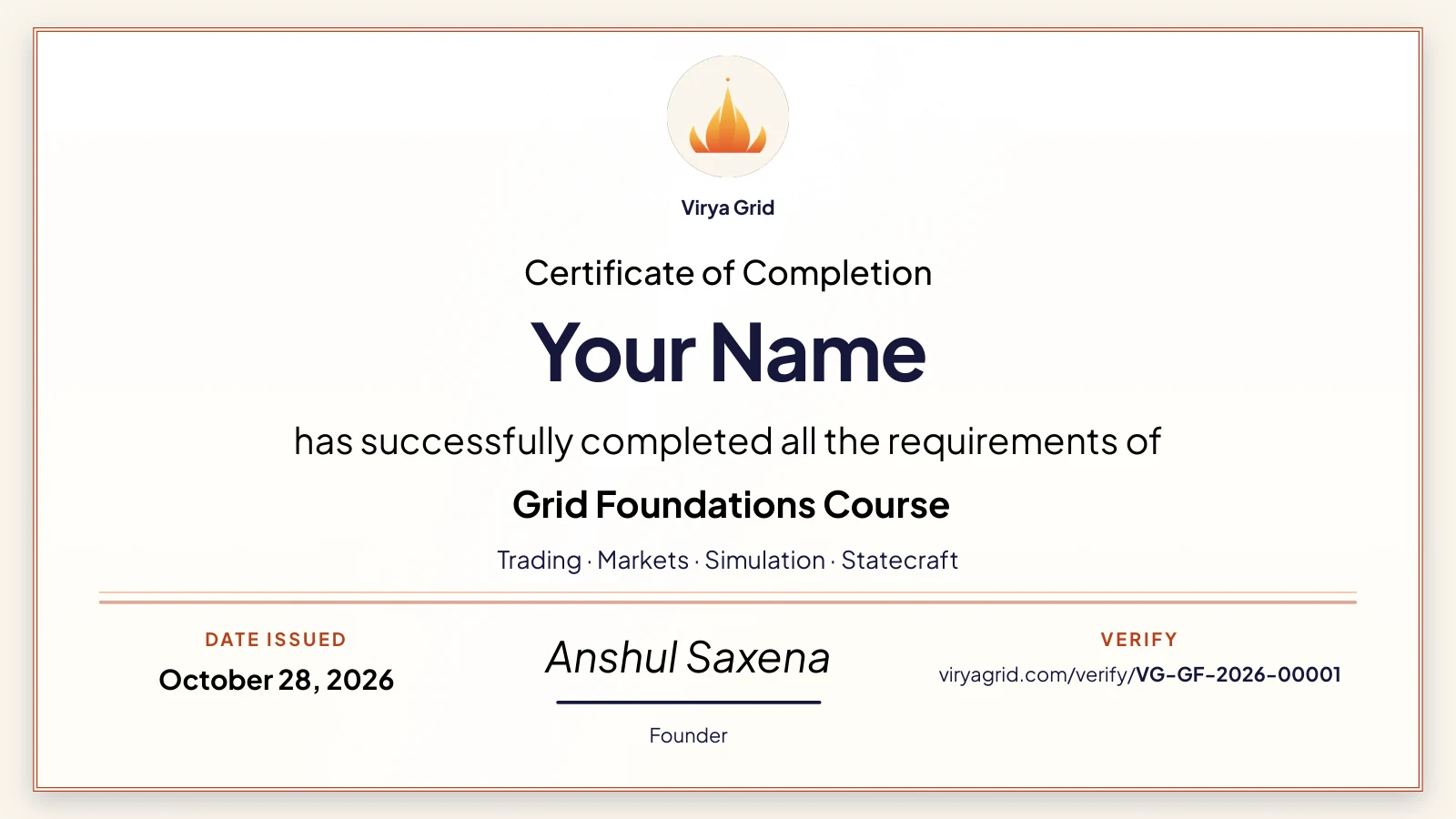 Sample Virya Grid Certificate of Completion: Your Name has successfully completed all the requirements of the Grid Foundations Course. Date issued October 28, 2026, signed by Anshul Saxena, Founder, with a verification link at viryagrid.com/verify/VG-GF-2026-00001.